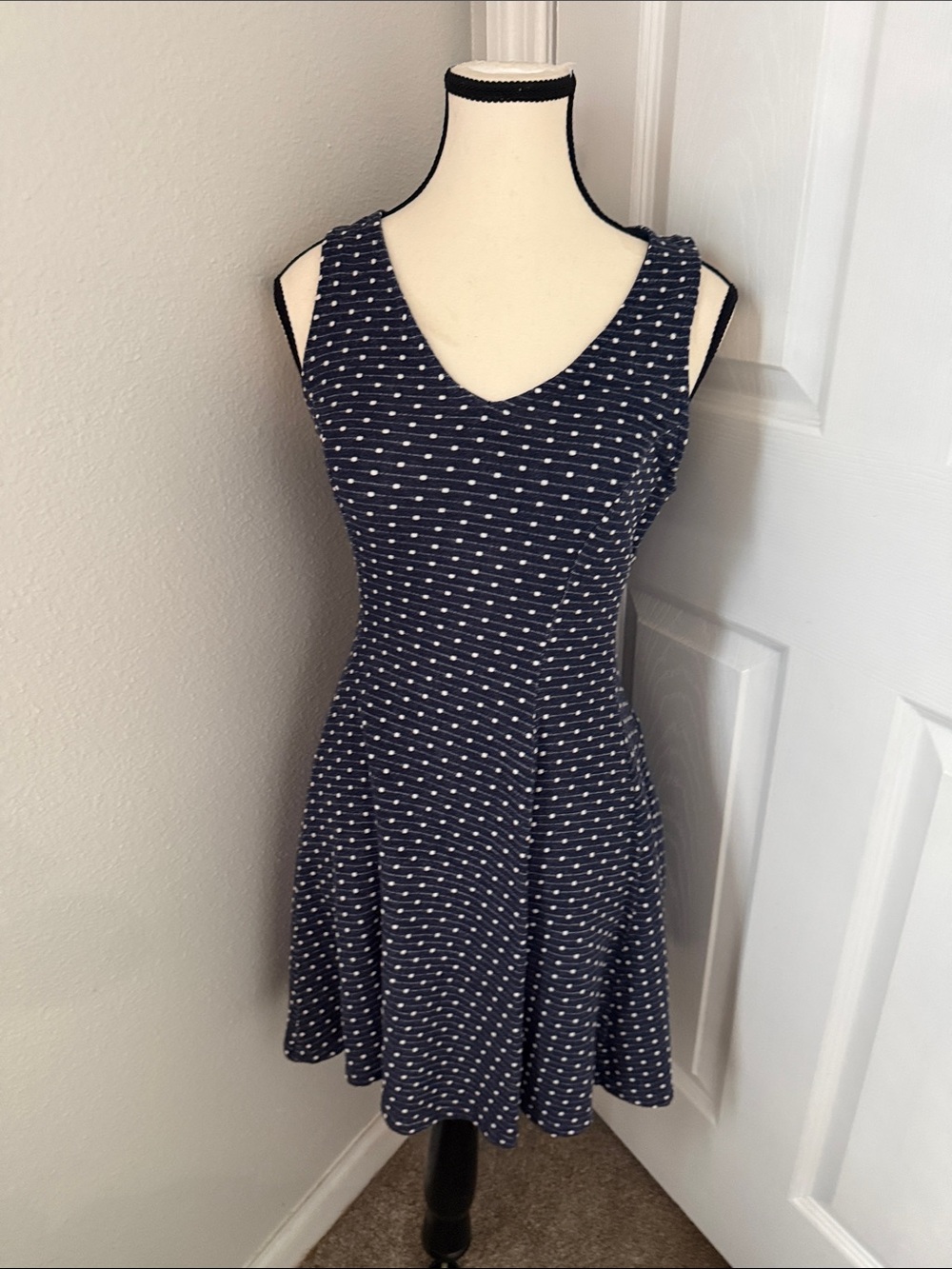 Everly Navy and White Polka Dot V-Neck Fit & Flare Mini Dress